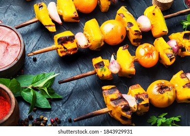 Grilled Veggie Skewers With Pumpkin,cherry Tomatoes And Onions