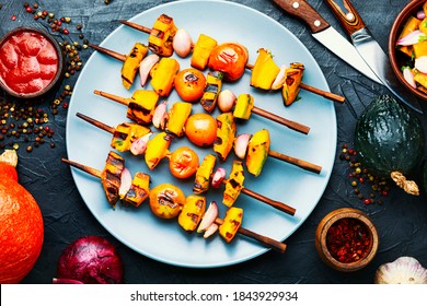 Grilled Veggie Skewers With Pumpkin,cherry Tomatoes And Onions