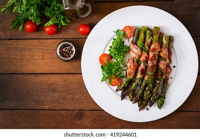 Grilled Violet Asparagus Wrapped With Bacon. Top View