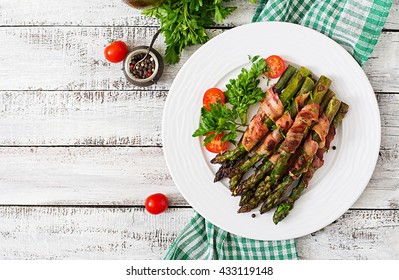 Grilled Violet Asparagus Wrapped With Bacon. Top View