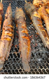 Grilled Walking Catfish. Grilled Fish. Their Sauce Made From Curcumin To Give Yellow-orange Color In Fish.