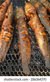 Grilled Walking Catfish. Grilled Fish. Their Sauce Made From Curcumin To Give Yellow-orange Color In Fish.