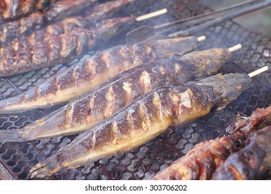 Grilled Walking Catfish. Grilled Fish. Their Sauce Made From Curcumin To Give Yellow-orange Color In Fish.