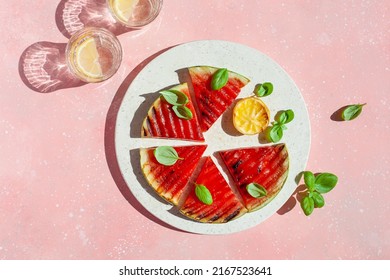 Grilled Watermelon Slices With Lemon And Basil. Summer Dessert