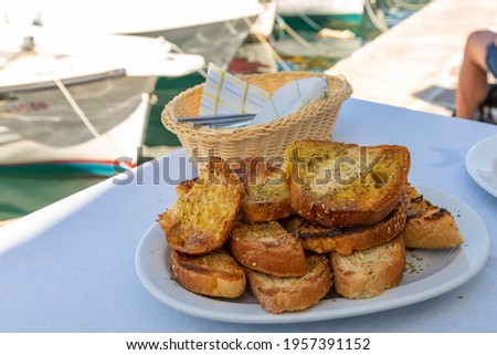 Similar – Image, Stock Photo Mediterranean Lunch with Olives, Salad and Focaccia