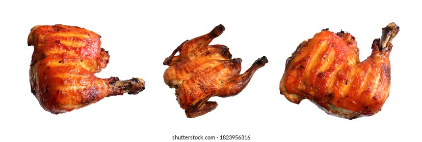 Grilled Whole Chicken Turkey And Quarter Legs Isolated In White Background, No Shadow, Cooked Chicken With Clipping Path, BBQ Food For Thanksgiving, Christmas