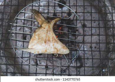 Grilling  Hamachi Kama Fish Cheek With Charcoal In Matte Color