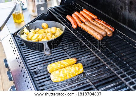Grilling hot dogs and fresh vegetables on an outdoor gas grill in the Summer.