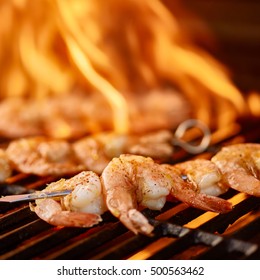 Grilling Shrimp On Skewer On Grill