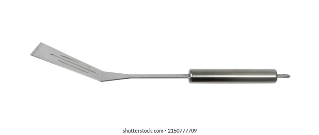 Grilling Spatula Isolated. BBQ Metal Equipment, Steel Barbecue Utensils, Stainless Spatula On White Background Side View