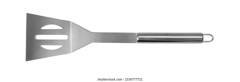 Grilling Spatula Isolated. BBQ Metal Equipment, Steel Barbecue Utensils, Stainless Spatula On White Background Top View