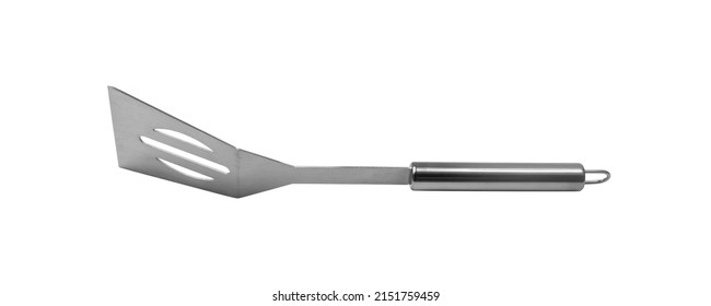 Grilling Spatula Isolated. BBQ Metal Equipment, Steel Barbecue Utensils, Stainless Spatula On White Background Side View