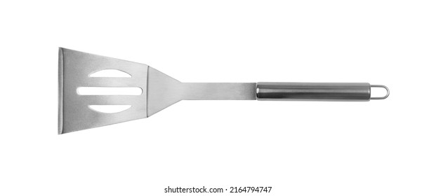 Grilling Spatula Isolated. BBQ Metal Equipment, Steel Barbecue Utensils, Stainless Spatula On White Background Top View