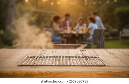 Grilling time – summer barbecue setup with copy space for product. Blurred background of group of friends or family enjoying relaxed garden party, sharing food and laughter in warm summer atmosphere. 
