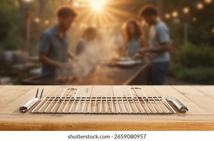 Grilling time – summer barbecue setup with copy space for product. Blurred background of group of friends or family enjoying relaxed garden party, sharing food and laughter in warm summer atmosphere. 