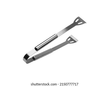 Grilling Tongs Isolated. BBQ Metal Equipment, Steel Barbecue Tong On White Background