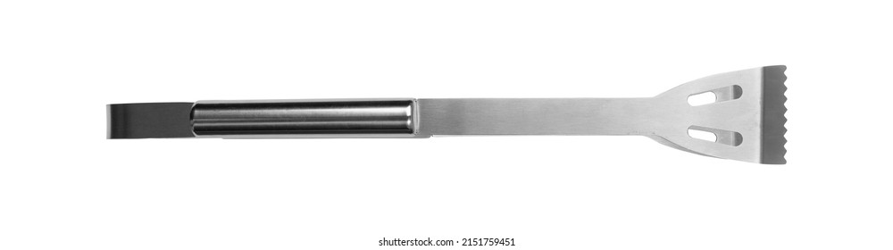 Grilling tongs isolated. BBQ metal equipment, steel barbecue tong on white background