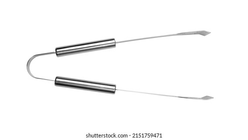 Grilling tongs isolated. BBQ metal equipment, steel barbecue tong on white background