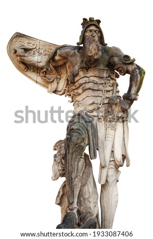 The grim old  guardian soldier dressed in military armor. An ancient statue isolated on white background.