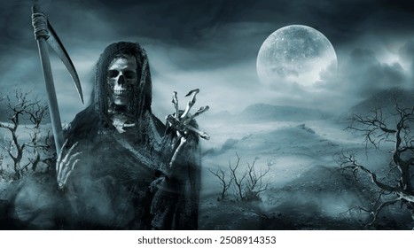 Grim Reaper Appearing From Black Smoke In A Barren Land Of Death With Halloween Moon