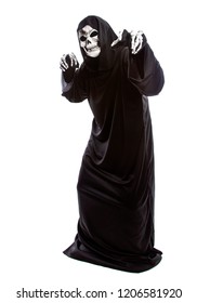 The Grim Reaper Or Death Halloween Costume Isolated On A White Background.  The Skeleton Is Wearing A Hooded Black Robe. He Is Doing Funny Scary Poses.