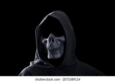 Grim Reaper Isolated On Black Background With Clipping Path