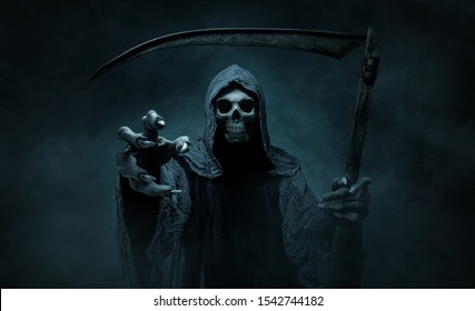 Grim reaper reaching towards the camera over dark, misty background with copy space
