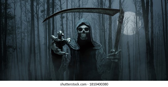 Grim Reaper Reaching Towards The Camera Over Dark Forest Background