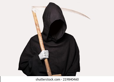 Grim Reaper. Studio Portrait Isolated On White Background   