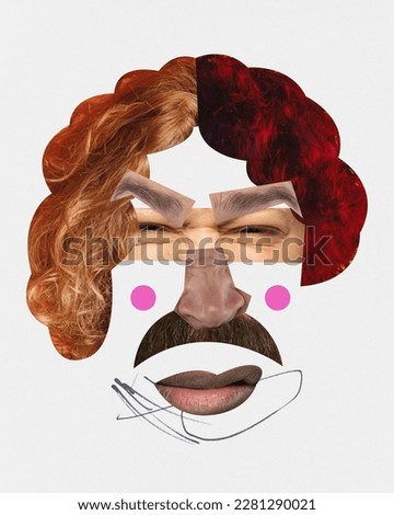 Grimacing. Human face made of different human parts of various gender and age. Caricature art. Contemporary art collage. Concept of human rights, diversity, emotions, freedom and self-expression.