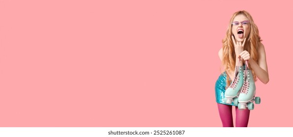 Grimacing young woman with vintage roller skates on pink background with space for text