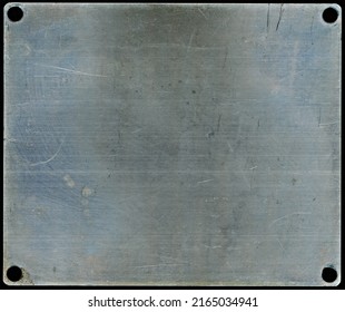 Grimy Scratched And Distressed Bluish Brown Blank Metal Sign With Mounting Holes On Each Corner.