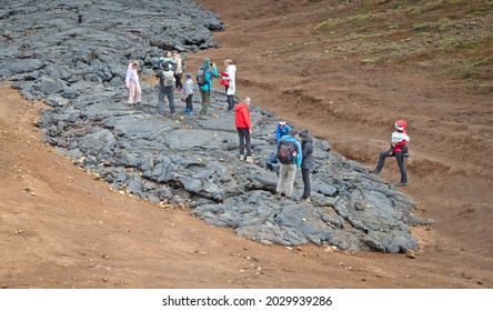 Grindavik, Iceland - July 26, 2021: A Unique Natural Attraction. People Are Walking Over The New Lavafield Of The Volcano Eruption At Fagradalsfjall