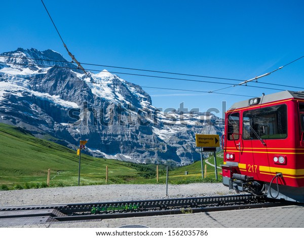 Grindelwald, canton of Bern, Switzerland /\
June 30, 2019 : A Railway vehicle of Jungfrau Railway in\
Grindelwald, canton of Bern,\
Switzerland.