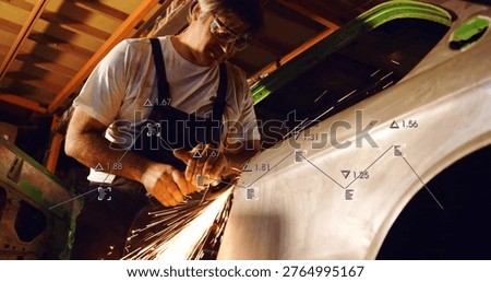 Grinding tech wearing dark overalls and goggles using grinder on panel in garage with AR overlays. Mechanic, workshop, metalwork, sheetmetal, carbody, sparks, powertool