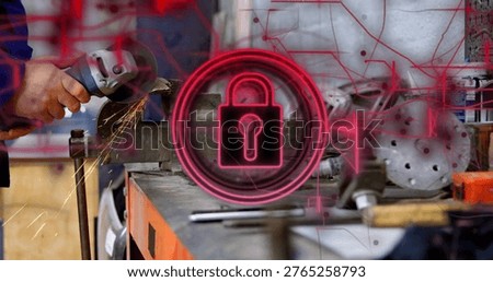 Grinding worker in blue jacket using angle grinder on workshop vise holding part, neon padlock icon. Machinist, metalwork, sparks, tools, fabrication, cybersecurity, overlay