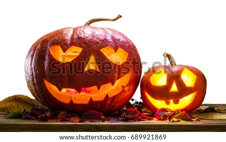 Grinning pumpkin latern or jack-o'-lantern is one of the symbols of Halloween. Halloween attribute.