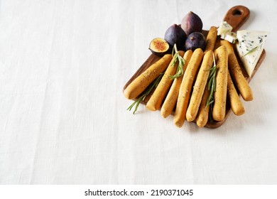 Grissini With Blue Cheese, Bread Stick, Italian Traditional Cuisine Close Up On White Background, Top View