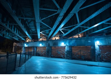 Gritty And Scary City Skate Park At Night In Urban Chicago.