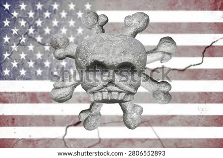 A gritty skull and crossbones symbol set against a weathered American flag backdrop.