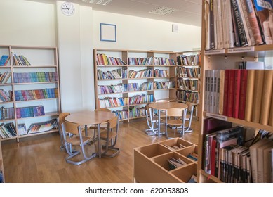 GRIZE, SLOVENIA - 26. september 2016 A beautiful and big school library. Many book with different titles and content are gathered here.