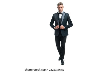 Grizzled Man Bridegroom In Rich Tux Bow Isolated On White Background. Full Lentgh