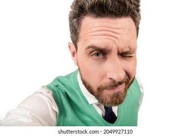 Grizzled Man Closeup Portrait. Serious Mature Elegant Man With Beard Making Selfie.