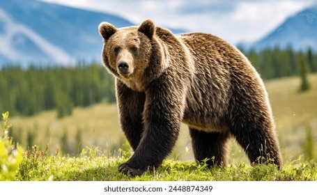 Grizzly or North American brown bear - Ursus arctos horribilis - walking in grass meadow with blurred mountainous and sky background isolated on white background, looks at camera