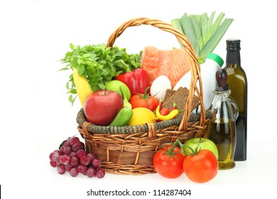 Groceries In The Basket. Mediterranean Diet Concept