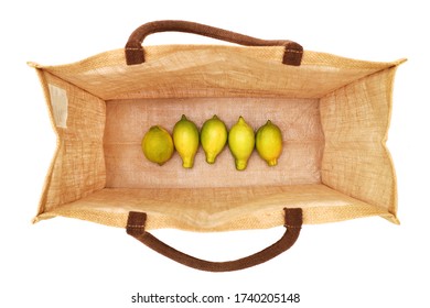 Grocery Bag With Lemons From The Farmers Market On A White Isolated Background For Advertising Or Mockup Without The Use Of Plastic With Environmental Benefits And Without Harmful Emissions