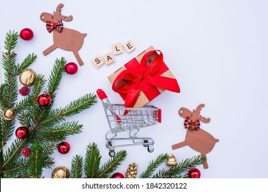Grocery Basket, Gift Box And Christmas Tree.The Inscription In English: 