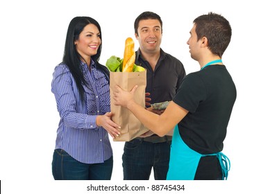 Grocery Clerk Man Giving Paper Bag With Food To Couple Isolated On White Background