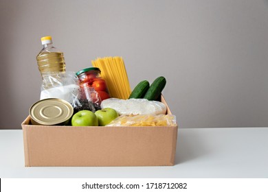 Grocery Donation. Donation Box With Food Supply, Canned Food, Cereals, Vegetables. Concept Of Food Delivery