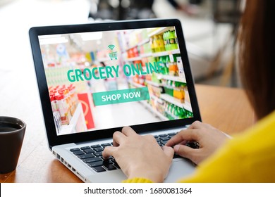 Grocery Online Shop To Order Food Delivery From Supermarket, Woman Hands Using Laptop Computer For Shopping Grocery Store Online, Electronic Marketing, E Commerce Business Concept